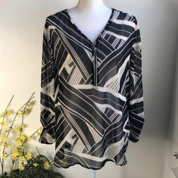 Easywear by Chico’s black/white stripe print sheer blouse - Picture 1 of 8